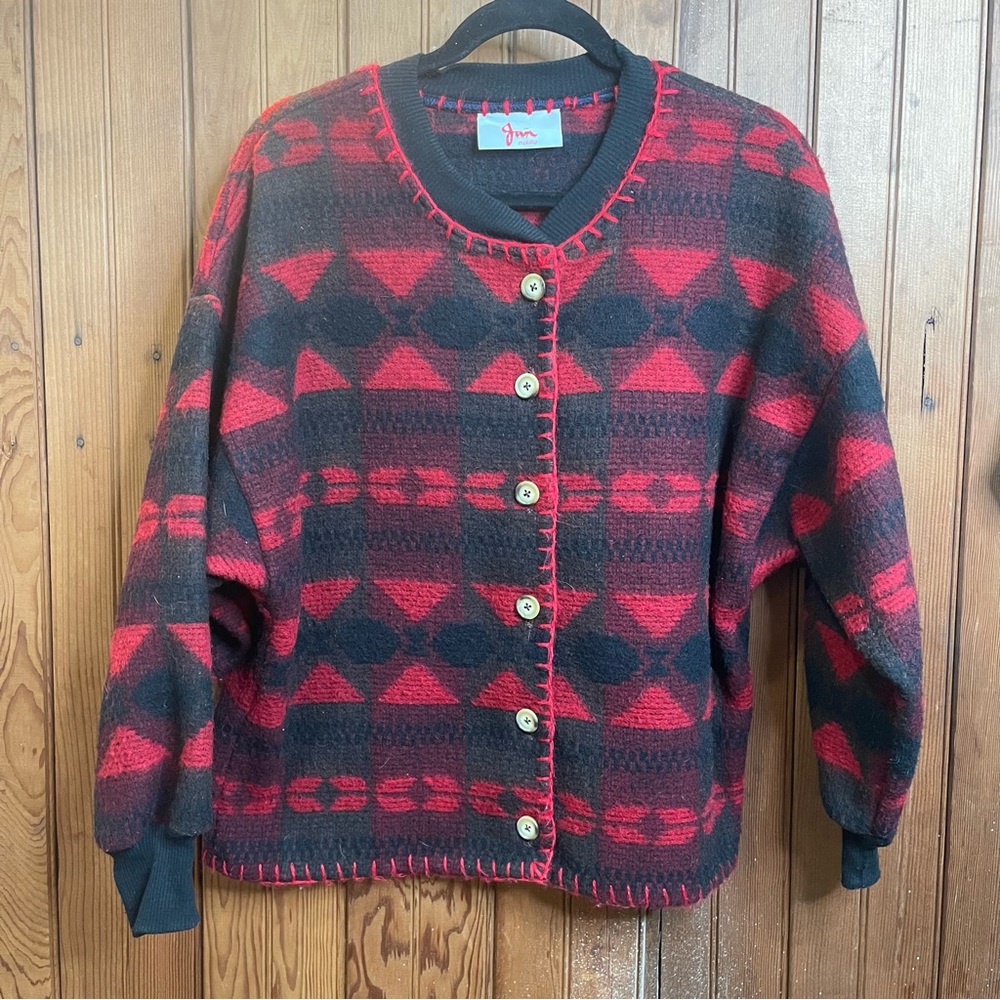 ⭐️Handmade by Jan Mckillip Red and Black Western Cardigan Sweater